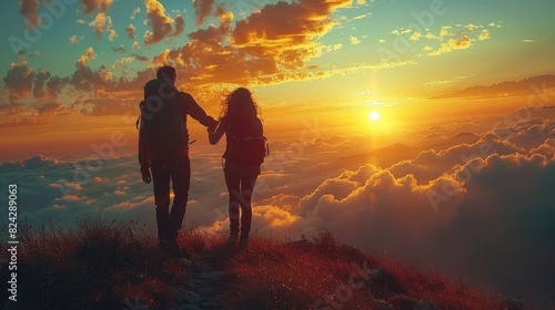 a couple standing on a mountaintop watching the sunset. 