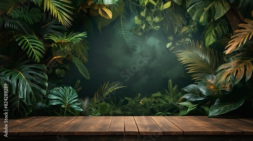 Fototapeta Naklejka Na Ścianę i Meble -  Wooden table with lush jungle leaves backdrop