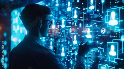 A businessman marveling at a glowing holographic contact list, Futuristic, Neon blue, Digital art, Hightech and aweinspiring