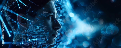 Side profile of a person surrounded by digital elements, symbolizing artificial intelligence and technology in a futuristic setting. photo