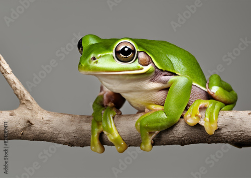 White-lipped tree frog (Litoria infrafrenata) against a white background, close-up of a white-lipped tree frog (Litoria infrafrenata) perched on a branch. © Hai