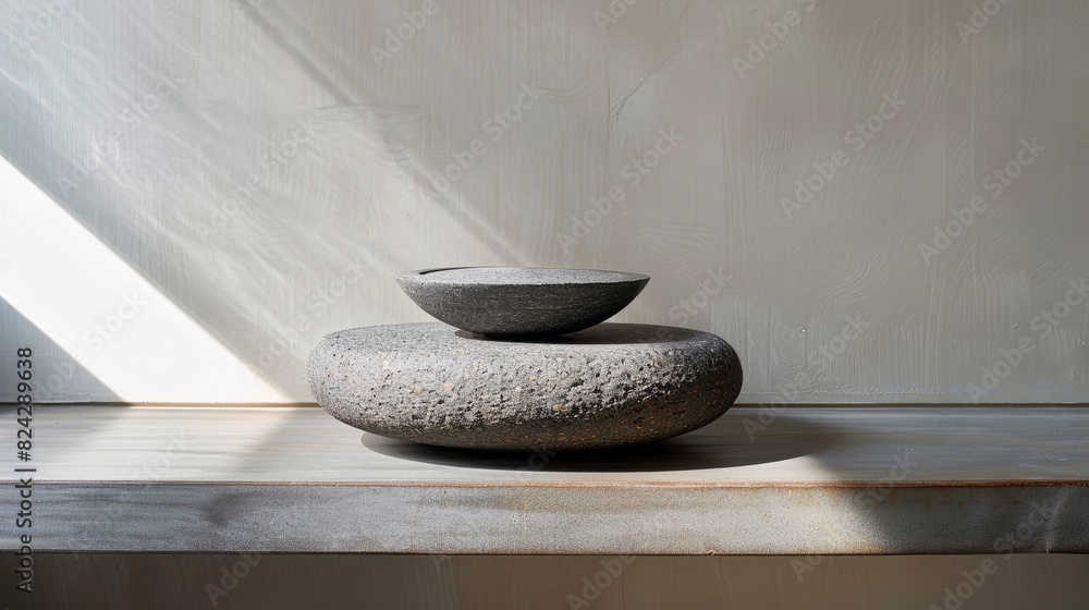 Minimalist Stone Bowl Set on Wooden Shelf in Sunlight - Japanese Zen Inspired Home Decor Minimalist Stone Bowl Set on Wooden Shelf in Sunlight - Japanese Zen Inspired Home Decor