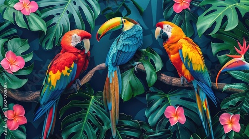 Colorful Parrots Perched Amidst Tropical Leaves and Flowers