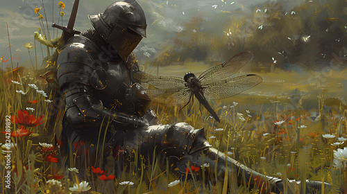Weary Knight Resting in Meadow, Giant Dragonfly Perched on Armor, Peaceful Contrast photo