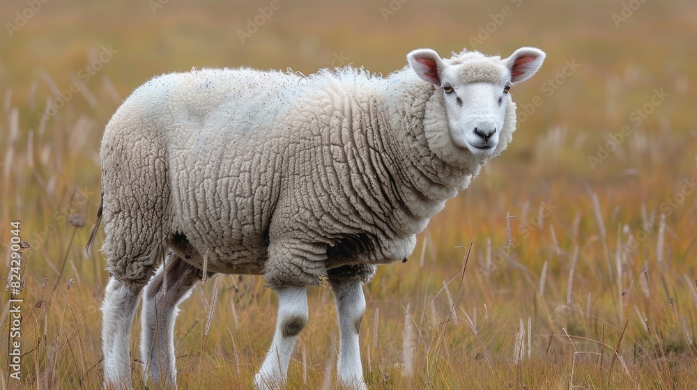 Obraz premium A lone sheep stands in a field of tall grass. 