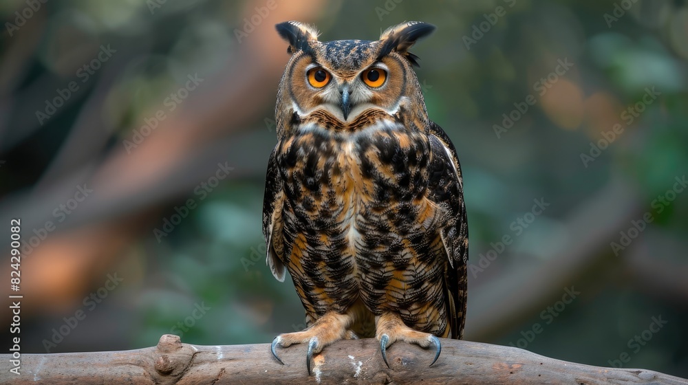 A close up image of an owl perched on a branch. A close up image of an owl perched on a branch.