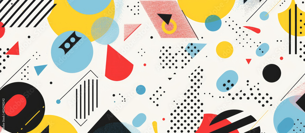A vibrant and dynamic background illustration with bold geometric shapes, featuring bright colors like reds, yellows, blues, black dots, triangles, circles, and squares in an abstract pattern A vibrant and dynamic background illustration with bold geometric shapes, featuring bright colors like reds, yellows, blues, black dots, triangles, circles, and squares in an abstract pattern