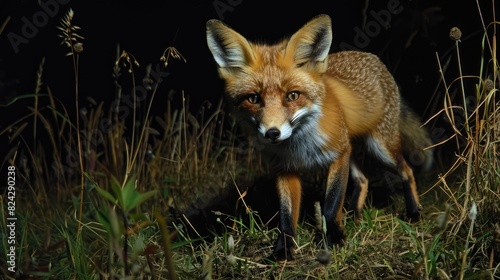 In the middle of the night, a fox with glowing eyes is walking through the tall grass.