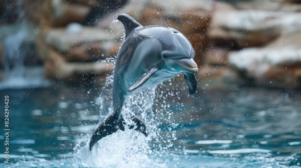 Obraz premium A dolphin jumps out of the water, surrounded by a splash of water droplets.