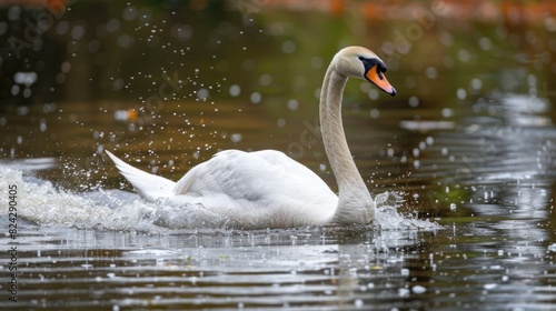 A beautiful white swan is swimming in the water. 