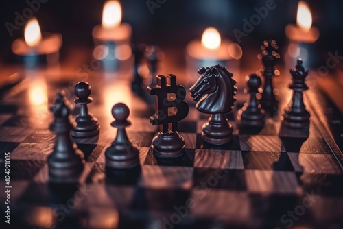 Conceptual Chess Game with Cryptocurrency Symbols Reflecting the Risks and Strategy of Bitcoin Investment, Evoking a Mood of Contemplation and Decision-Making.