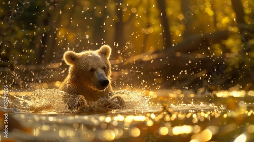 Bear Splashing Water While Fishing in a River, Capturing the Anticipatory Expression Amidst the Water Droplets - Concept of Wildlife Interaction. photo