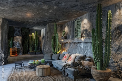 a living room in the cave, underground house interior design with couch and green cactus plants, ambient lighting, dark grey stone walls, hyper realistic, ultra detailed, © sania