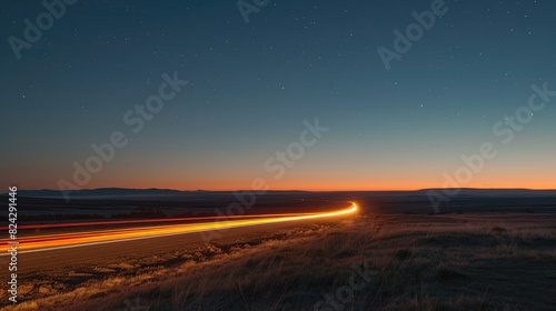 A long and winding road stretches out into the distance  with a starry sky above and a field of grass on either side. 