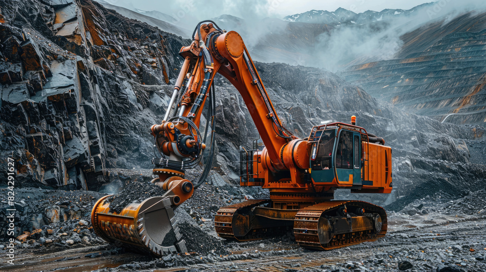 A large mining machine is digging into a mountain of rock. The machine is surrounded by a large pile of rubble. A large mining machine is digging into a mountain of rock. The machine is surrounded by a large pile of rubble.