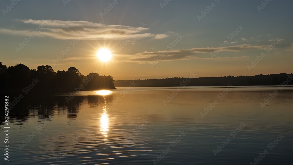 image shows a sunset over a lake. The sun is setting behind a hill, image shows a sunset over a lake. The sun is setting behind a hill,