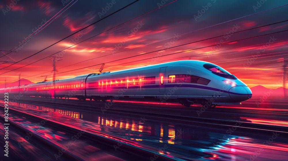 A sleek and futuristic train races through a vibrant landscape at sunset. A sleek and futuristic train races through a vibrant landscape at sunset.