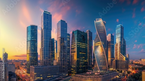 A panoramic view of a modern city skyline at twilight  with lights beginning to twinkle in the buildings. 