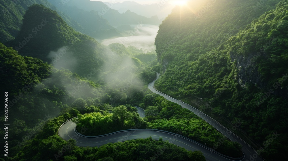 A serpentine mountain road winding through a lush green forest, with ...