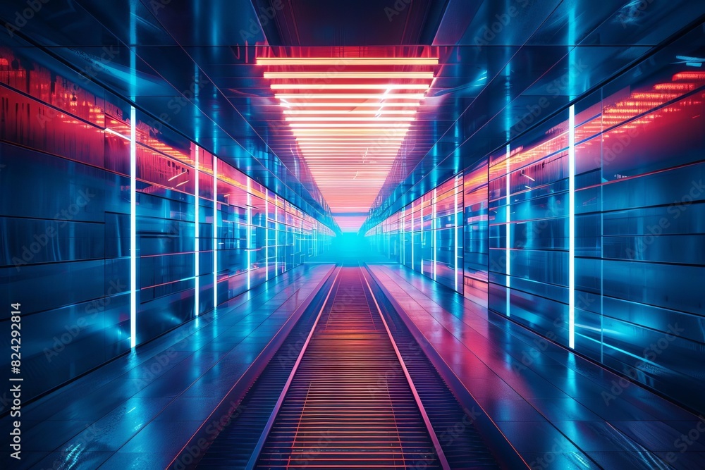 Abstract corridor with illuminated lines leading into the distance, perfect for themes of the future, innovation, or digital travel Abstract corridor with illuminated lines leading into the distance, perfect for themes of the future, innovation, or digital travel