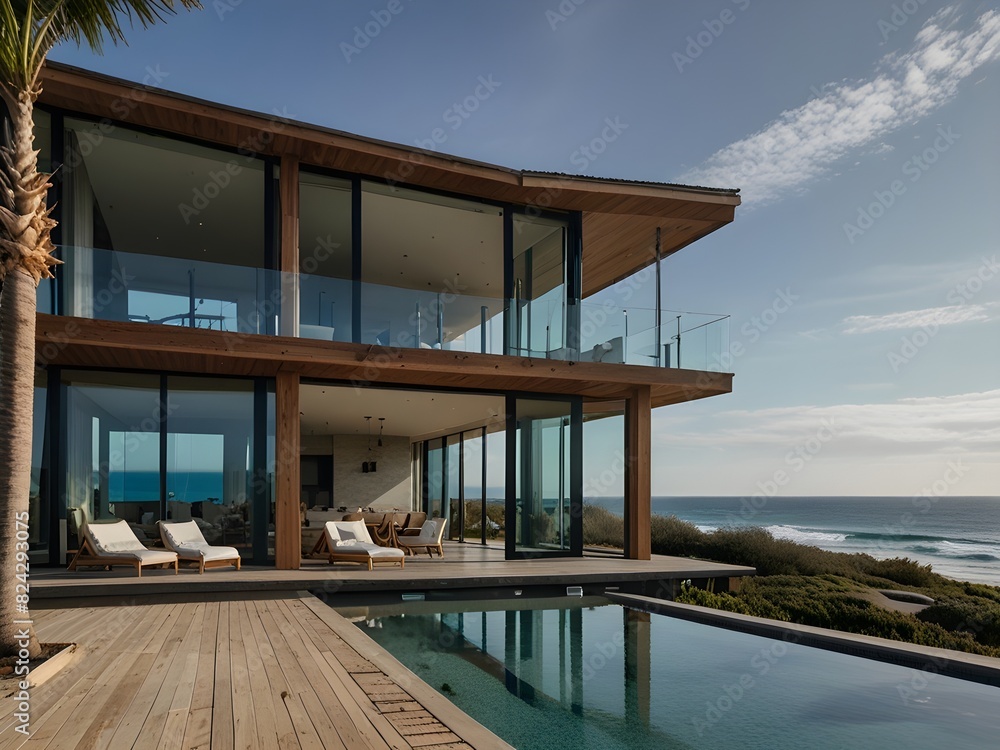 Beachfront house with large glass doors and ocean views, generative AI Beachfront house with large glass doors and ocean views, generative AI