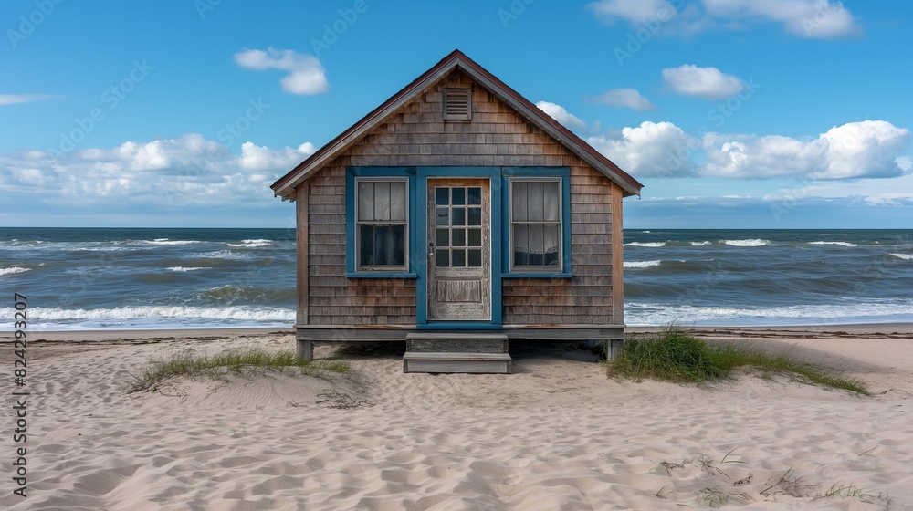 A small beachfront cottage with weathered wood siding and ocean-blue trim, the front opening directly onto a sandy beach with gentle waves. 32k, full ultra hd, high resolution