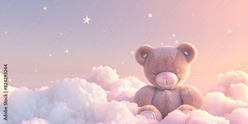 cute teddy bear sitting on white clouds with a pink sky background ...