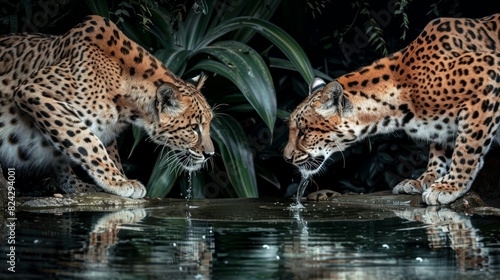 Intense Moment Between Predator and Prey at Rare Water Source in the Wilderness, Capturing Tense Atmosphere and High Contrast Lighting.