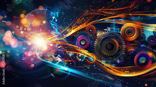 An abstract idea illustration with a gear mechanism and colorful light beams, representing the spark of invention and creativity.