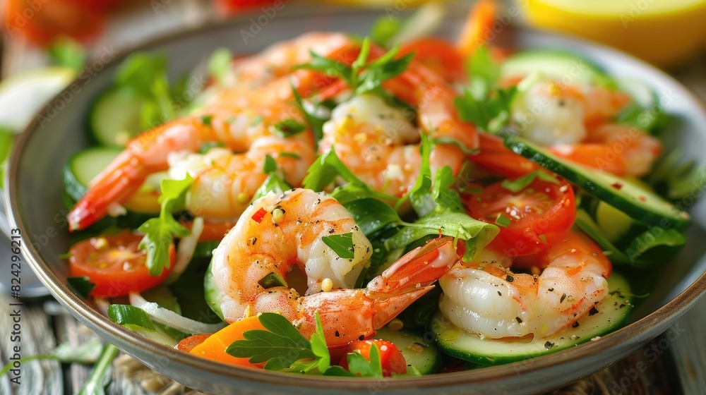 High quality image of a shrimp and vegetable salad with lemon dressing