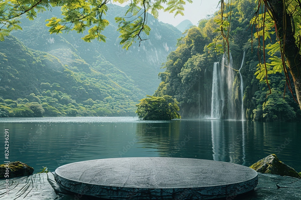 A circular platform on the surface of a valley lake A circular platform on the surface of a valley lake