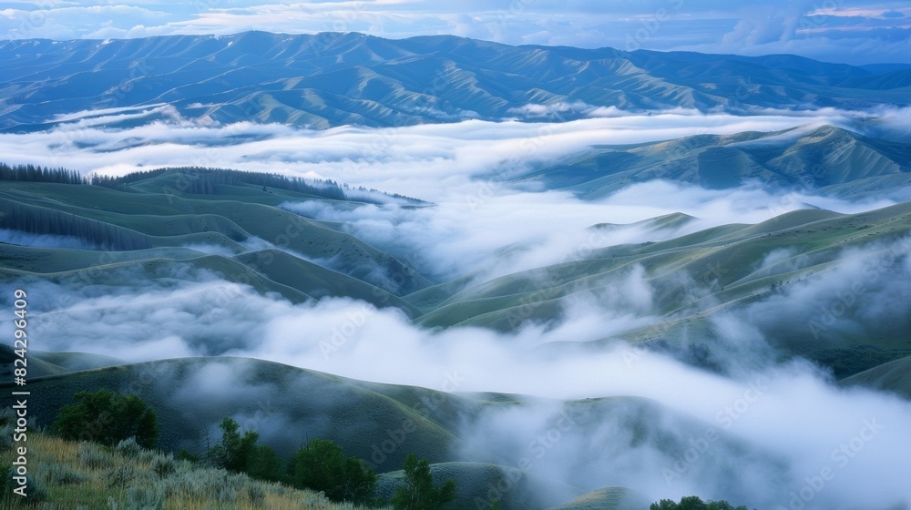 A landscape of rolling hills and valleys covered in a thick blanket of clouds like a sea of fog.