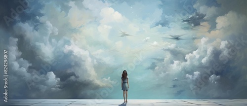 A lone figure stands beneath a vast, dramatic sky filled with clouds, conveying solitude and introspection. photo