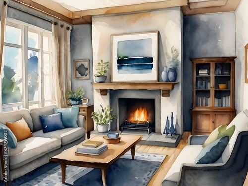 Wallpaper Mural Cozy Living Room Watercolor Art Torontodigital.ca