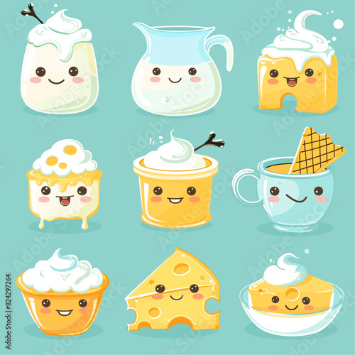 A set of cartoon cheese and milk products with smiley faces on a blue background
