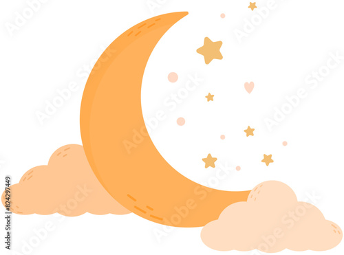 Cartoon yellow crescent in clouds and stars on blue background.