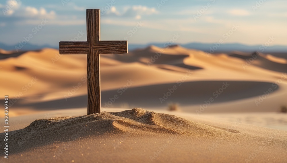 Serene Faith: A Rustic Wooden Cross Stands Tall Amidst the Tranquility of a Desert Landscape