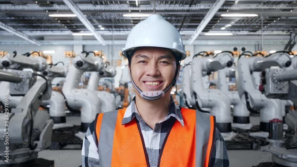 Close Up Of Asian Male Engineer With Safety Helmet Smiling To Camera While Standing With Robotic ArmsArm Close Up Of Asian Male Engineer With Safety Helmet Smiling To Camera While Standing With Robotic ArmsArm