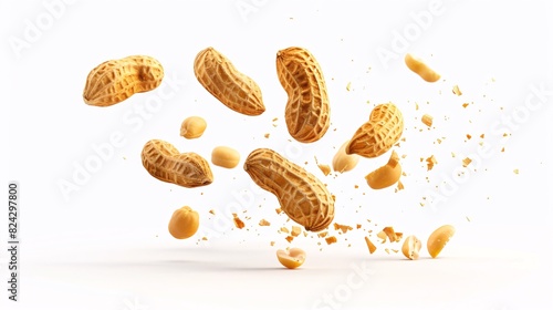 Falling peanut isolated on white background.