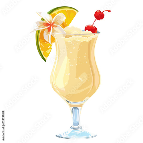 tall glass filled with a piña colada cocktail garnished with a cherry and a flower