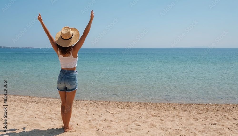 Traveler with Arms Raised in Exultation at Summer Beach Traveler with Arms Raised in Exultation at Summer Beach