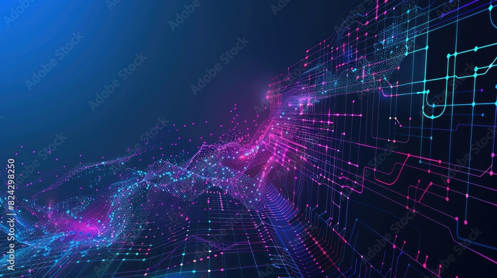 An abstract hightech background with circuit board textures, smooth flowing waves, and a quantum explosion in neon colors, leaving space for text An abstract hightech background with circuit board textures, smooth flowing waves, and a quantum explosion in neon colors, leaving space for text