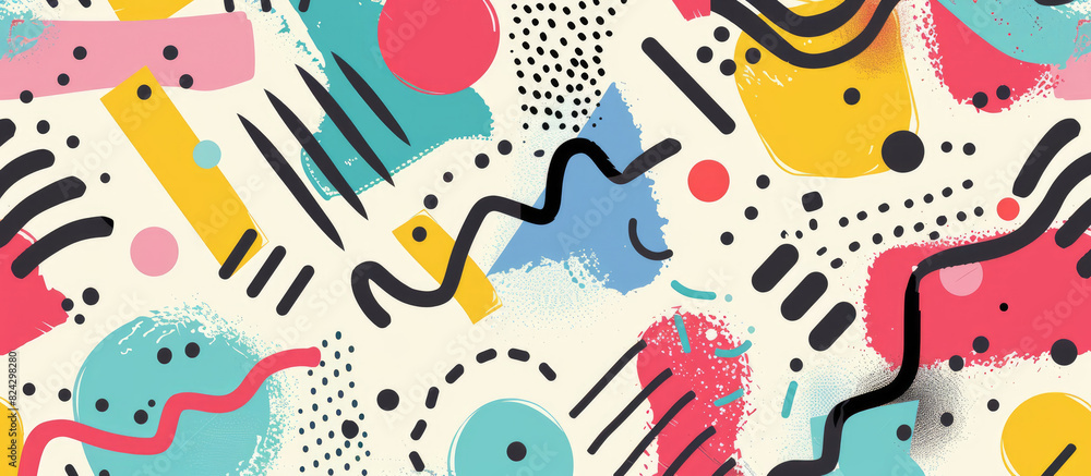 Abstract background with circle, square and triangle shapes and colorful patterns in Memphis style Abstract background with circle, square and triangle shapes and colorful patterns in Memphis style