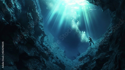 High-Tech Deep Sea Exploration Team Unveiling a Glowing Crystal Cave with Advanced Diving Suits in Cinematic Lighting, Showcasing a World of Wonder and Discovery.