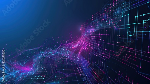 An abstract hightech background with circuit board textures, smooth flowing waves, and a quantum explosion in neon colors, leaving space for text
