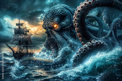 Terrifying Kraken Emerging from the Depths, Wrapping its Massive Tentacles Around a Ship Amidst a Stormy Night, Illustrating Chaos and Destruction Concept. photo