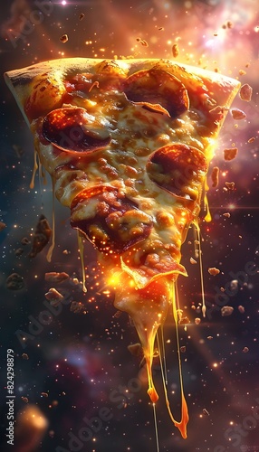 Sizzling Slice of Fiery Gourmet Pizza in Dramatic Cosmic Explosion
