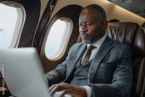 Handsome african middle aged businessman in suit working on laptop in plane during business trip, Generative AI  © Raghav Frames