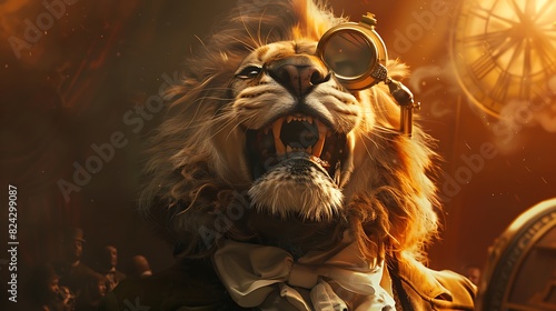 A laughing lion wearing a monocle looks dapper as it roars with delight, captivating its audience.