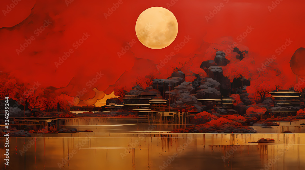 red and gold style atmospheric landscape illustration abstract background decorative painting